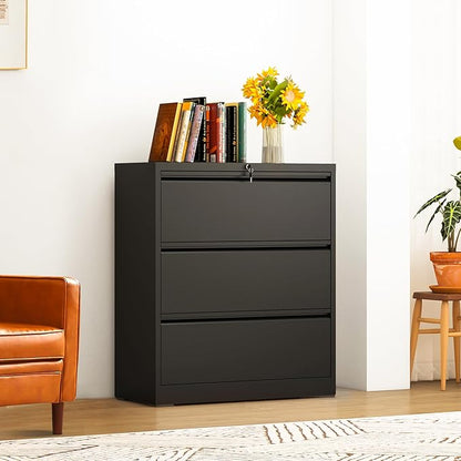 3-Drawer Lateral File Cabinet with Lock, Black Metal Filing Cabinet for Office or Home – Secure Storage for Letter/Legal/A4/F4 Documents, Easy to Assemble Locking File Organizer (Black, 3 Drawer-40"H)