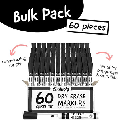 Chalkola 60 Black Dry Erase Markers Bulk Pack, Black Chisel Point White Board Marker Dry Erase Pens - Low Odor Whiteboard Markers for Kids, Home, Office, Back to School Supplies