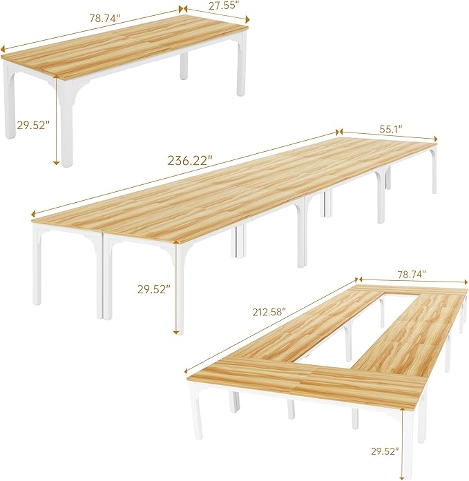 19FT Conference Table, Super Sturdy Large Rectangle Meeting Seminar Table for 22 Person, Long Business Tables, 6 Pcs Light Walnut