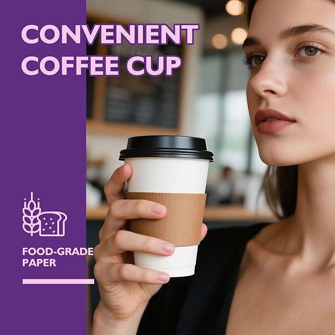 12 oz 50 Pack Disposable Coffee Cups with Lids and Sleeves, Coffee Paper Cups with Lids, To Go Beverage Drinking Cup for Coffee, Tea