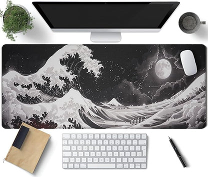 Black Wave of Kanagawa Patterns Desk Mat, Large Gaming Mouse Pad Non-Slip Rubber Base with Stitched Edges, Waterproof Protection for PC Laptop Home Office Desk Decor (31.5x11.8in)