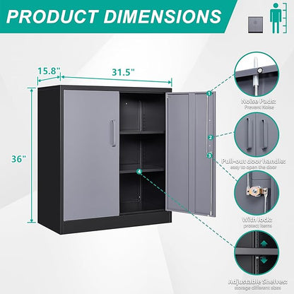 SISESOL Metal Storage Cabinet with Doors and Shelves,Garage Storage Cabinet with Lock,Black Grey Metal Cabinets with Locking Doors,Steel Cupboard for Home,Office,Garage Cabinets 36" H