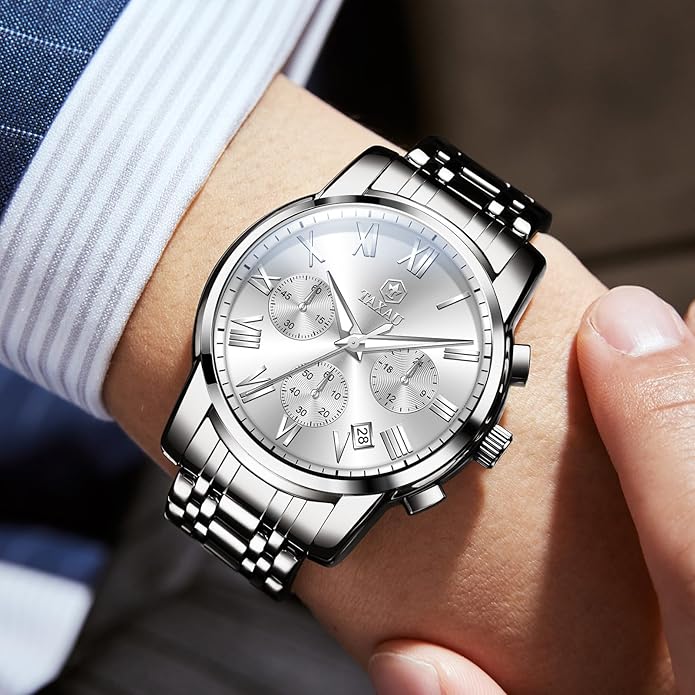 Mens Silver Watch Luxury Minimalist Dress Watch Classic Waterproof Watches for Men Analog Quartz Stainless Steel Men's Wrist Watches with Date Luminous Relojes para Hombres