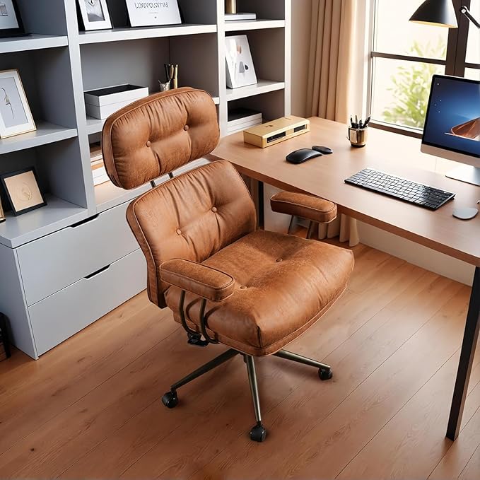 Faux Leather Executive Office Chair - Big and Tall Ergonomic Home Office Chair,Reclining Computer Desk Chairs with Lumbar Support,Adjustable Swivel Rolling PC Chairs with Wheels,Suede,Brown