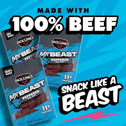 Jack Link’s x MrBeast Peppered Beef Jerky – 11g Protein per Serving, Made with 100% Real Beef, Pantry-Ready, Kids Snacks, Great Stocking Stuffers and Gifts, 10 Count of 1.25oz Bags