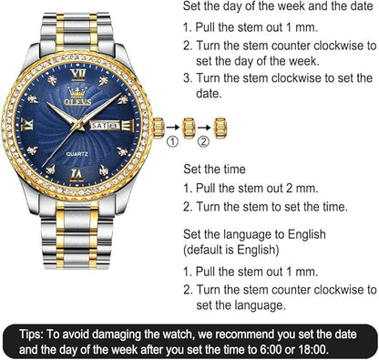 Men's Casual Stainless Steel Watch, Big Face Easy to Read Analog Quartz Watch with Day and Date, Classic Waterproof Diamond Roman Arabic Numerals Dial Dress Watch for Men, Gold Silver Black Band