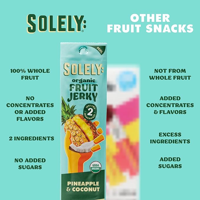SOLELY - Organic Pineapple Coconut Fruit Jerky - 12 Individually Wrapped Strips - Fruit Leather Made from Dried Fruit - Healthy Snacks for Adults & Kids - Non GMO, Vegan Snacks - 0.8oz (23g)