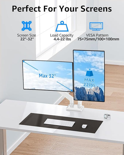 Dual Monitor Stand fits up to 32 inch, 4.4-22 lbs Computer Screens, Dual Monitor Desk Mount Height Adjustable, Monitor Arms for 2 Monitors, Home Office VESA Mounts with Gas Spring, Freelift White