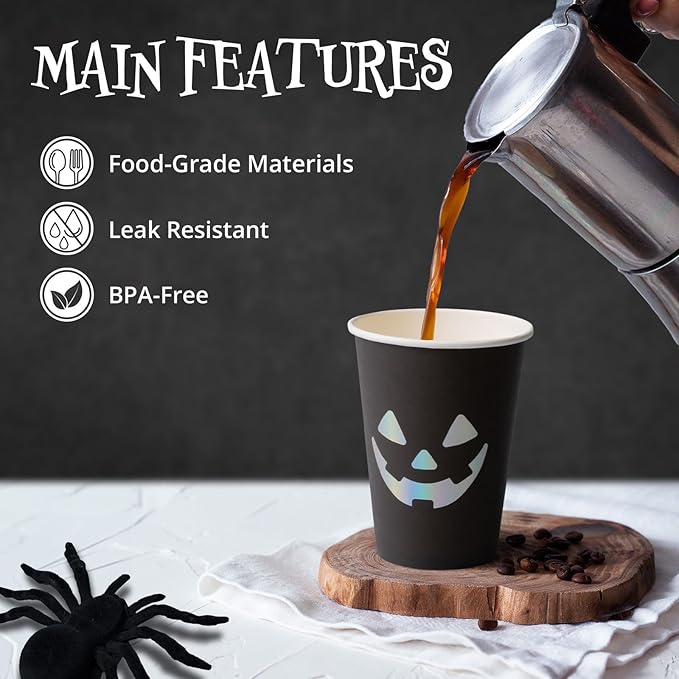 Halloween Disposable Paper Party Cups, Bulk 50 Pack, Leak-Resistant, 12 oz Hot and Cold Cups for Restaurants and Parties, Jack-O-Lantern, Black & Silver