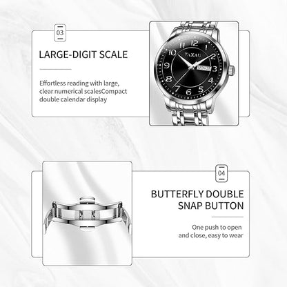 Stainless Steel Mens Watches with Day Date Quartz Analog Large Face Classic Watch Arabic Numerals Dress Luminous Rlojes para Hombres