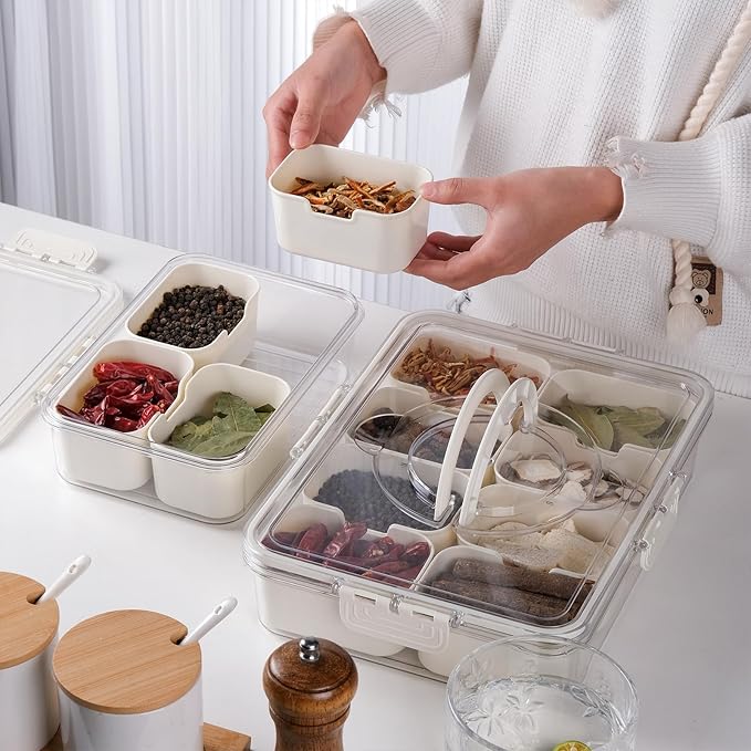 Snack Box Container, Divided Serving Tray with Lid, 4 Compartments