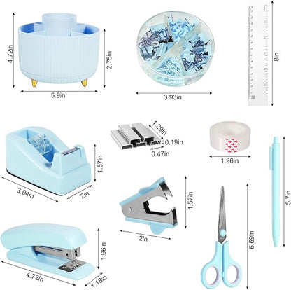 Desk Organizers and Accessories Set with 360-Degree Rotating Pen Holder, Tape Dispenser, Stapler, Staple Remover, 1000 Staples, Tape, Clips Set, Ruler, Scissor, Pen (Blue, 10 Pcs Set)
