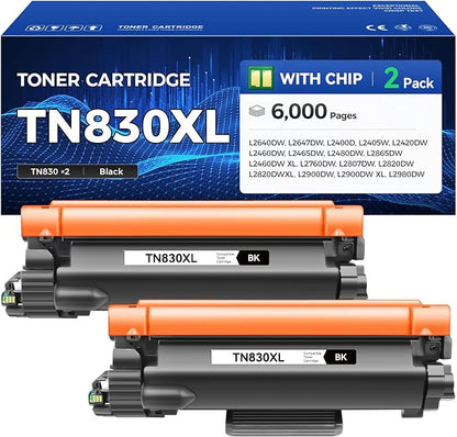 TN830XL Toner Cartridge High Yield Black 2-Pack Replacement for Brother TN830XL TN830 XL Compatible for HL-L2460DW HL-L2405W HL-L2480DW MFC-L2820DW DCP-L2640DW MFC-L2900DW HL-L2400D Laser Printer Ink