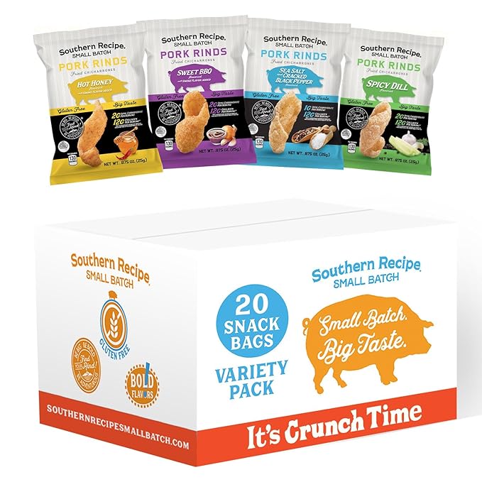 Pork Rinds Variety Pack | Hot Honey, Sweet BBQ, Spicy Dill, Salt & Pepper | 4 Flavors | Southern Recipe Small Batch Chicharrones | Keto Friendly & Low Carb | Snack Bag (20 Count)