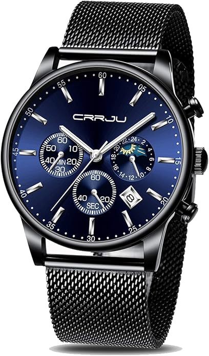 CRRJU Men's Fashion Casual Watches Auto Date Chronograph Watch Men Nice Work Watches Waterproof 30M Full Steel Quartz with Mesh Strap