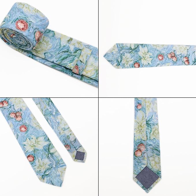 Cotton Floral Ties for Men 2.76" Men's Skinny Tie Linen Flower Printed Neck Tie for Wedding Dating Party