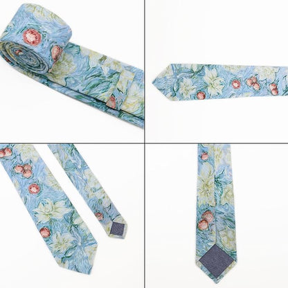 Cotton Floral Ties for Men 2.76" Men's Skinny Tie Linen Flower Printed Neck Tie for Wedding Dating Party