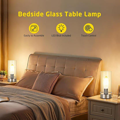 Bedside Table Lamp for Bedroom Living Room, Modern Nightstand Lamp with Glass Lamp Shape, 2700K 6W Glass Bulb Included(Nickel).