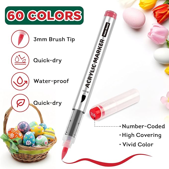 60 Colors Acrylic Paint Markers,Soft Brush Tip Paint Pens with Automatic Ink Control System,Quick Dry Waterproof Acrylic Paint Pens for Pumpkin,Wood,Metal,Fabric,Rock Painting with DIY Crafts