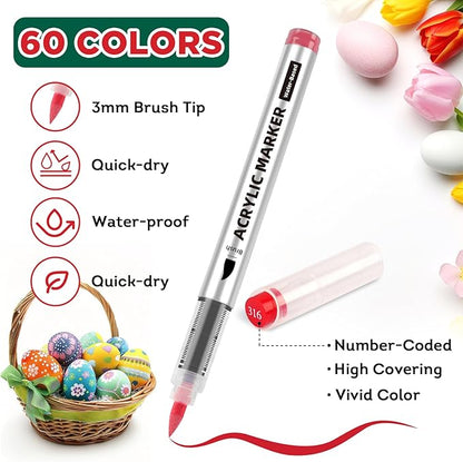 60 Colors Acrylic Paint Markers,Soft Brush Tip Paint Pens with Automatic Ink Control System,Quick Dry Waterproof Acrylic Paint Pens for Pumpkin,Wood,Metal,Fabric,Rock Painting with DIY Crafts