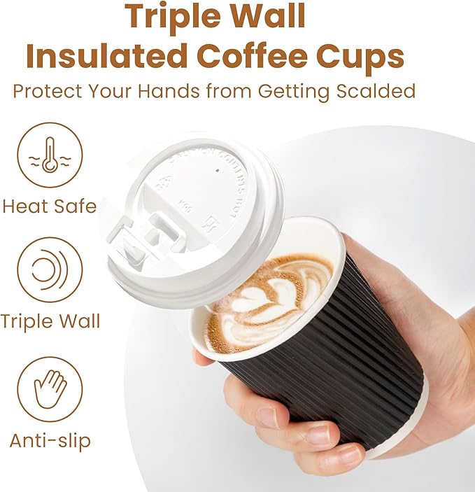Fit Meal Prep 250 Pack 8 oz Black Disposable Coffee Cups with Lids & Stirrers, Corrugated Triple Wall To Go Hot Cups, Insulated Paper Coffee Cups for Hot Beverages, Travel, Home, Office (White Lids)