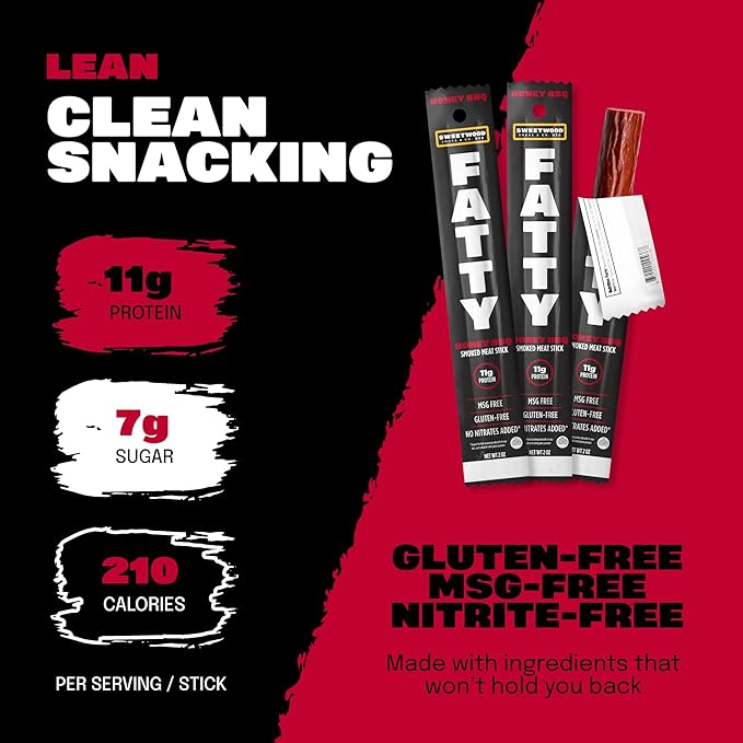 FATTY Meat Sticks, Made with Grass Fed Beef, Pork Raised Without Antibiotics, 11g Protein Per Stick, Honey BBQ, Stocking Stuffer, 2 oz. (Pack of 20)