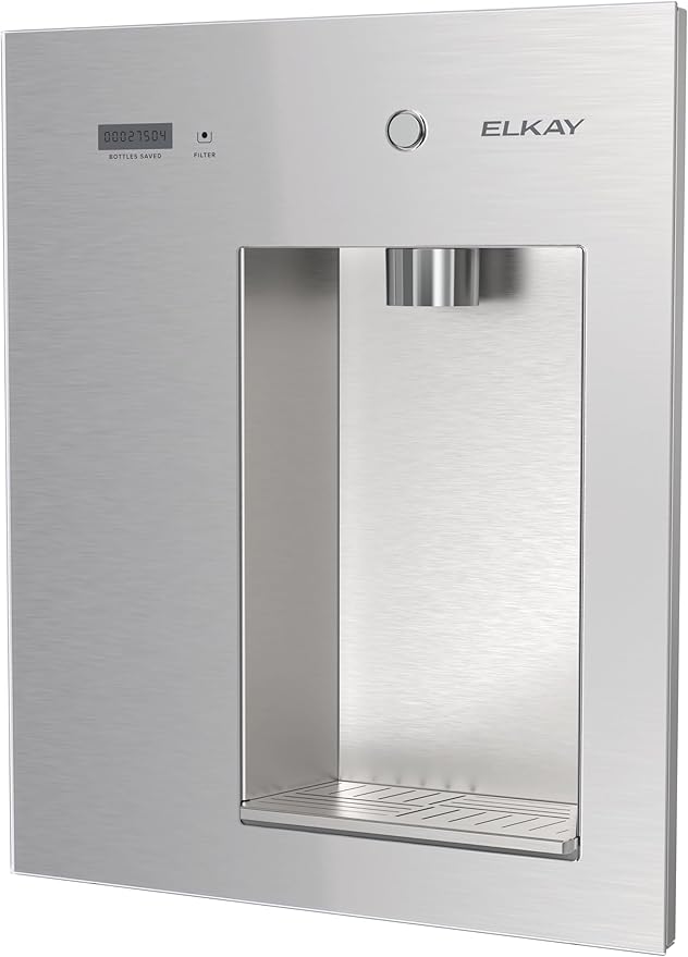 Elkay Liv EZ Built-in Filtered Wall-Mount Water Dispenser – Battery Powered, NSF Certified, Push Button, Reduces Lead & PFAS, Steel Gray – Ideal for Home