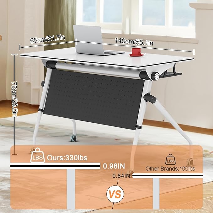 Conference Room Table, 55 Inch Folding Conference Tables with Wheels, Modern Office Meeting Table, Easy Flip & Nest Design, Rectangular Seminar Tables with Metal Frame for 2-24 People(H 8PCS)