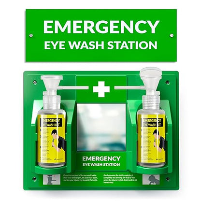 BPA Free Portable Eye Wash Station OSHA Compliant - Wall-Mounted First Aid Eye Wash Kit w/Mirror & 2X 16oz Empty Bottles - No Eyewash Solution Included - Emergency Eyewash - Set of 1