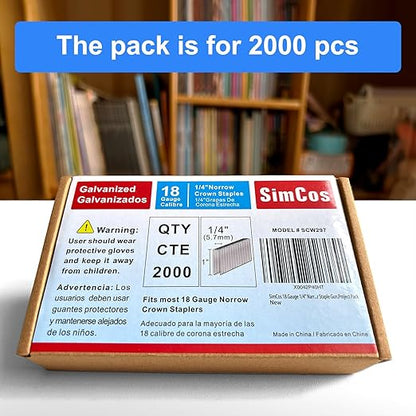18 Gauge 1/4" Narrow Crown Staples, 1-Inch, Galvanized Project Pack for 18 GA Pneumatic or Electric Stapler or Staple Gun (2000)