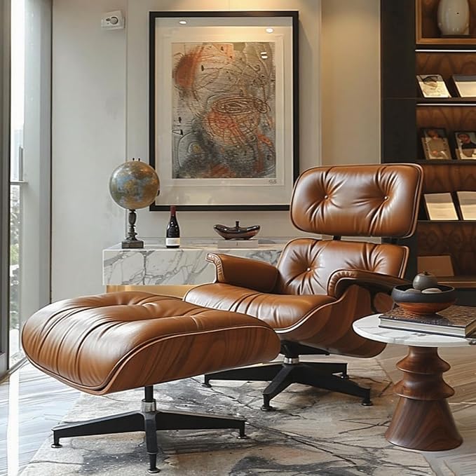 Mid Century Chaise Lounge Chair with Ottoman, Top Black Grain Leather, Modern Office Chair Classic Design, Heavy Duty Base Support for Living Room Study Lounge Office