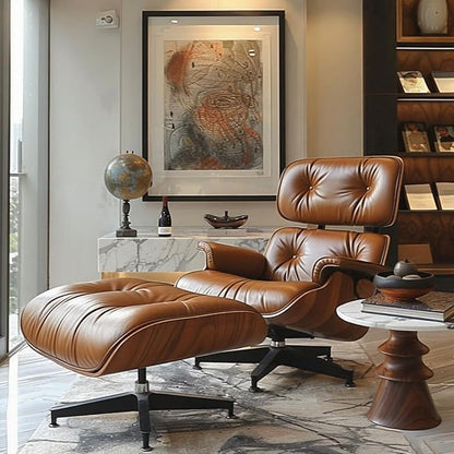 Mid Century Chaise Lounge Chair with Ottoman, Top Black Grain Leather, Modern Office Chair Classic Design, Heavy Duty Base Support for Living Room Study Lounge Office