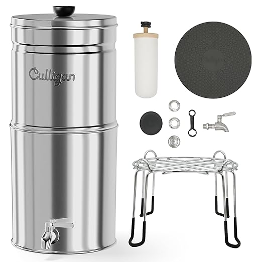 Culligan with MaxClear Technology 3 Gallon Gravity Water Filter System, Polished Countertop Ceramic Water Filter Dispenser NSF/ANSI Certified to Reduce Lead, Microplastics & Total PFAS, with 6 Filters