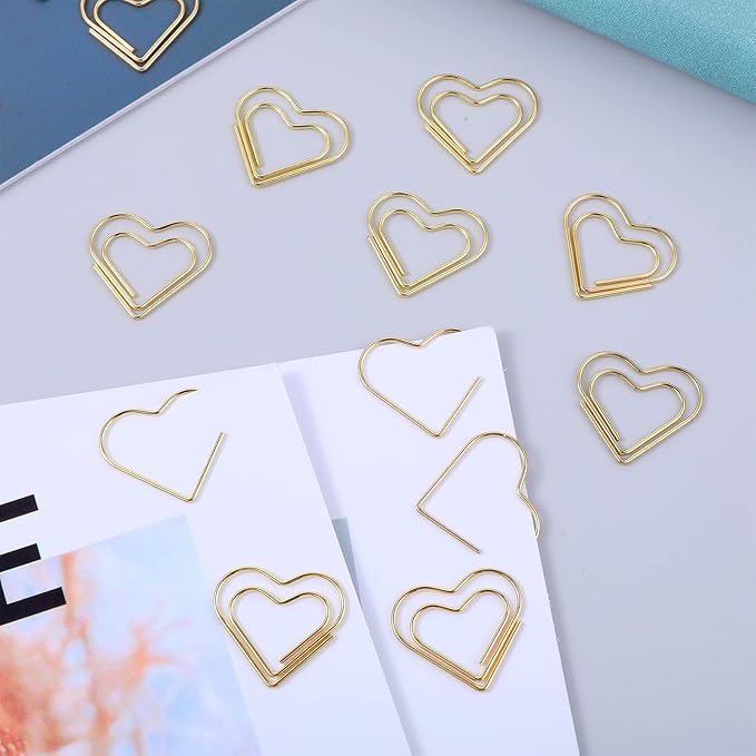 100Pcs Gold Heart Paper Clips Cute Small Paperclips for Funny Heart Clips Kids Office Supplies Paper Clamps Wedding Decoration Crafts Scrapbooking Women Document Note Sorting Organizing Paperclips