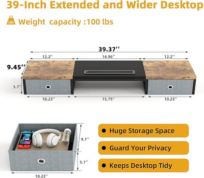 Dual Monitor Stand Riser with 2 Drawers - 39Inch Large Storage Computer Monitor Stands for 2 Monitors, Wooden Desktop Organizer Perfect for Home Office Desk, Computer, Laptop, TV