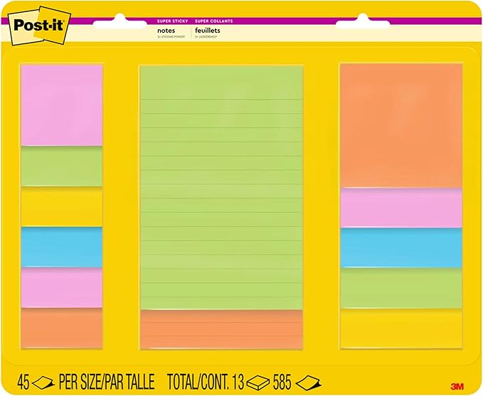 Post-it Super Sticky Notes, Assorted Sizes, 13 Pads, 2X The Sticking Power,Energy Boost Collection, Bright Colors (Orange, Pink, Blue, Green), Recyclable (4623-13SSAU)
