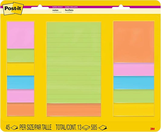 Post-it Super Sticky Notes, Assorted Sizes, 13 Pads, 2X The Sticking Power,Energy Boost Collection, Bright Colors (Orange, Pink, Blue, Green), Recyclable (4623-13SSAU)