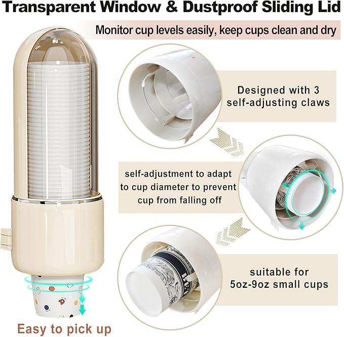 Wall Mount Bathroom Cup Dispenser - Pull Type Water Cooler Cup Holder for 5oz-9oz Disposable Paper and Plastic Cups, Adhesive Install, Wall Mounted Coffee Dispenser for Home, Office, Gym