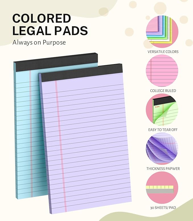 36 Pack Note Pads 5x8, Narrow Ruled Legal Pad, Multicolor Small Writing Pads, 30 Sheet/notepad,Colored Legal Pads, Pink Lined Notepad, Purple Notepads, Perforated Lined Note Pads for Study, Office, To-Do Lists