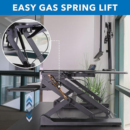 Mount-It! Standing Desk Converter Height Adjustable 47" Extra Large Wide Stand Up Desk Riser, Dual Monitor Arm Mounts, Stand Up Desk Convertor with Keyboard Tray, Fits Two Monitors up to 32"