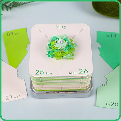 3D Memo Pad 2026 Time Piece Calendar Desk Calendar Tear Away Notepad with Lights DIY Art Carving Sticky Notes Artwork Gift for Thanksgiving Christmas Office Desktop Decoration-Green Treehouse