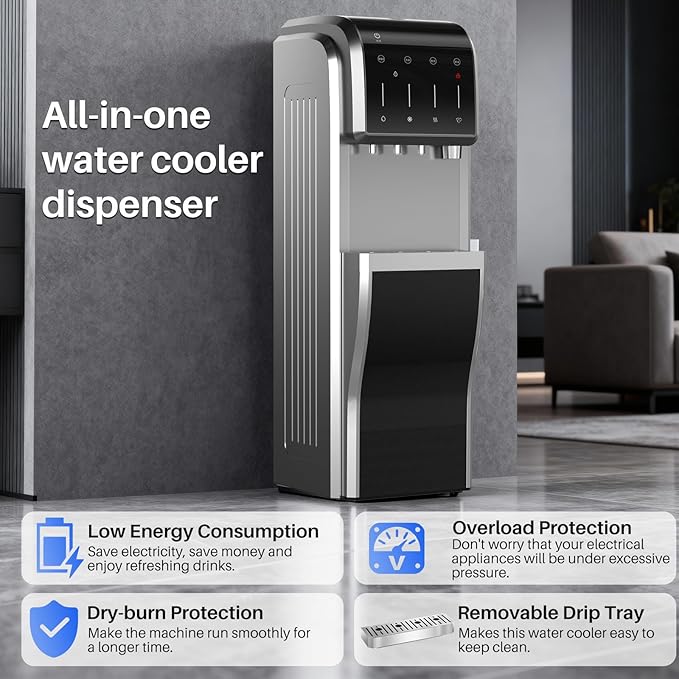 5-in-1 Water Cooler Dispenser with Ice Maker, Bullet and Crushed/Chewable Ice Machine, Hot and Cold Water, Bottom Load for 5 Gallon Bottle, 35lbs/24H, WiFi, Child Lock, Stainless Steel