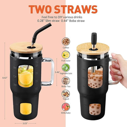 Glass Tumbler with Lid, 32 oz Glass Cup with Handle, Glass Water Bottles with Time Marker, 2 Straws - Pearl Straw & Silicone Protective Sleeve - Black