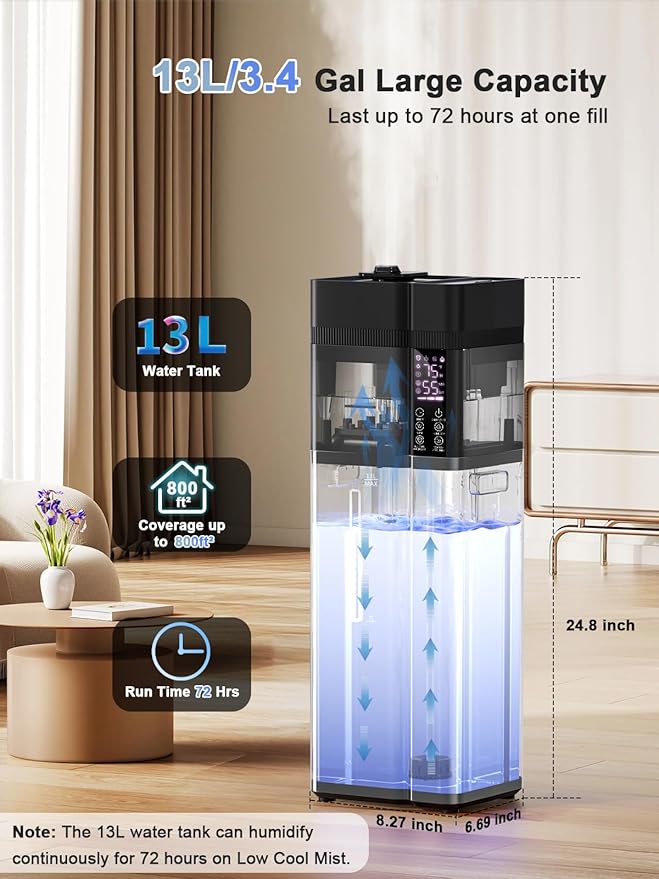 13L/3.4Gal Humidifiers for Bedroom, Ultrasonic Warm & Cool Mist Humidifier Large Room, Covers 800ft², 72H Runtime, 24H Timer, 3 Mist Modes Top Fill Quiet Humidifiers for Home, Office, Black