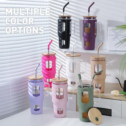 32 oz Glass Tumbler with Straw and Lid, Glass Water Bottles with Time Marker, Silicone Protective Sleeve - Purple
