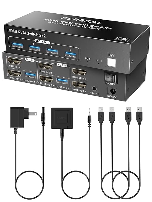 Dual Monitor HDMI KVM Switch, 2 Computers 4K60Hz Dual Monitor KVM Switches for Dual PC or Laptops,4 USB 3.0 Ports Support Extended/Copy Mode with DC 12V Adapter&Wired Controller