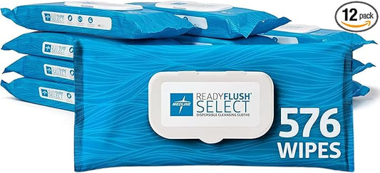 Medline ReadyFlush SELECT Flushable Wipes, 576 Wipes (48 Wipes, 12 Packs), Unscented, Biodegradable Flushable Incontinence Adult Wipes with Aloe, Hypoallergenic & pH-Balanced Personal Cleansing Cloths