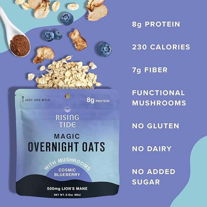 Mushroom Overnight Oats (6 Pack) Superfood Lions Mane Mushroom, Chia & Flax Seed - Organic Protein Oatmeal - High Fiber, Vegan, Gluten Free, Low Sugar - Easy Prep Plant Protein - Blueberry