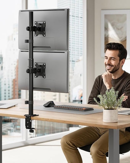 monTEK Stable Vertical Dual Monitor Mount, Stacked Desk Stand for Two 17-32 inch Screens, Full Motion Arm with Tilt, Swivel, Rotation, Supports 22 lbs per Arm, C-Clamp/Grommet Base, VESA 100×100mm Max