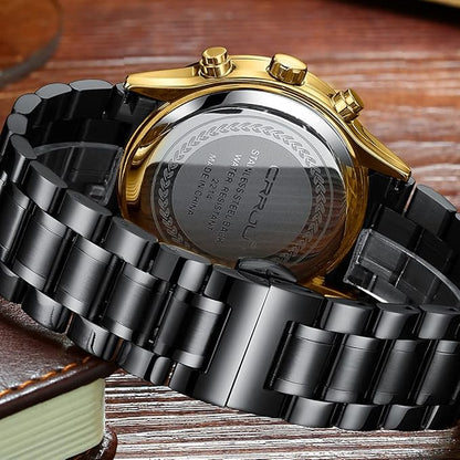 CRRJU Men's Fashion Stainless Steel Watches Date Waterproof Chronograph Wristwatches,Black Steel Band Waterproof Quartz Watch for Men
